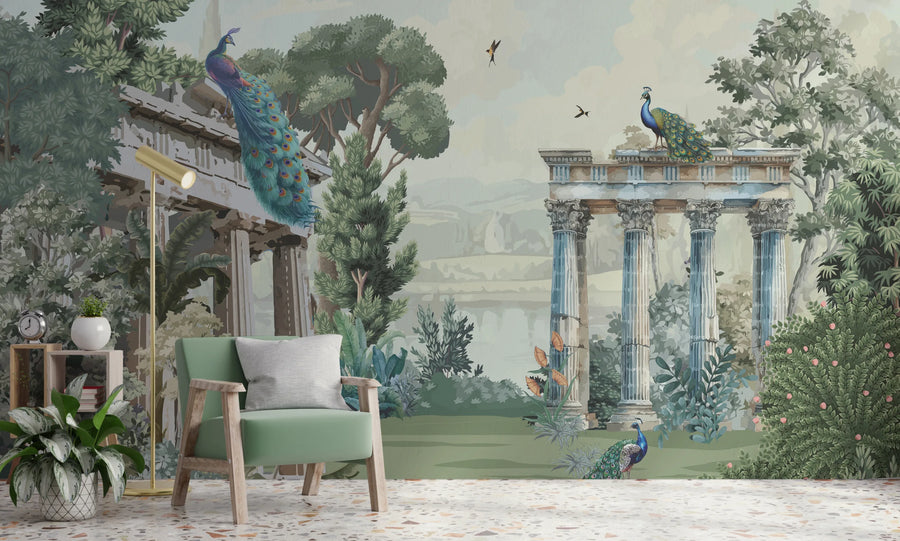 Peacock Wallpaper | Turquoise Mughal Art Removable Room Decor