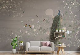 Vintage Gray Peacock Floral Removable Wallpaper