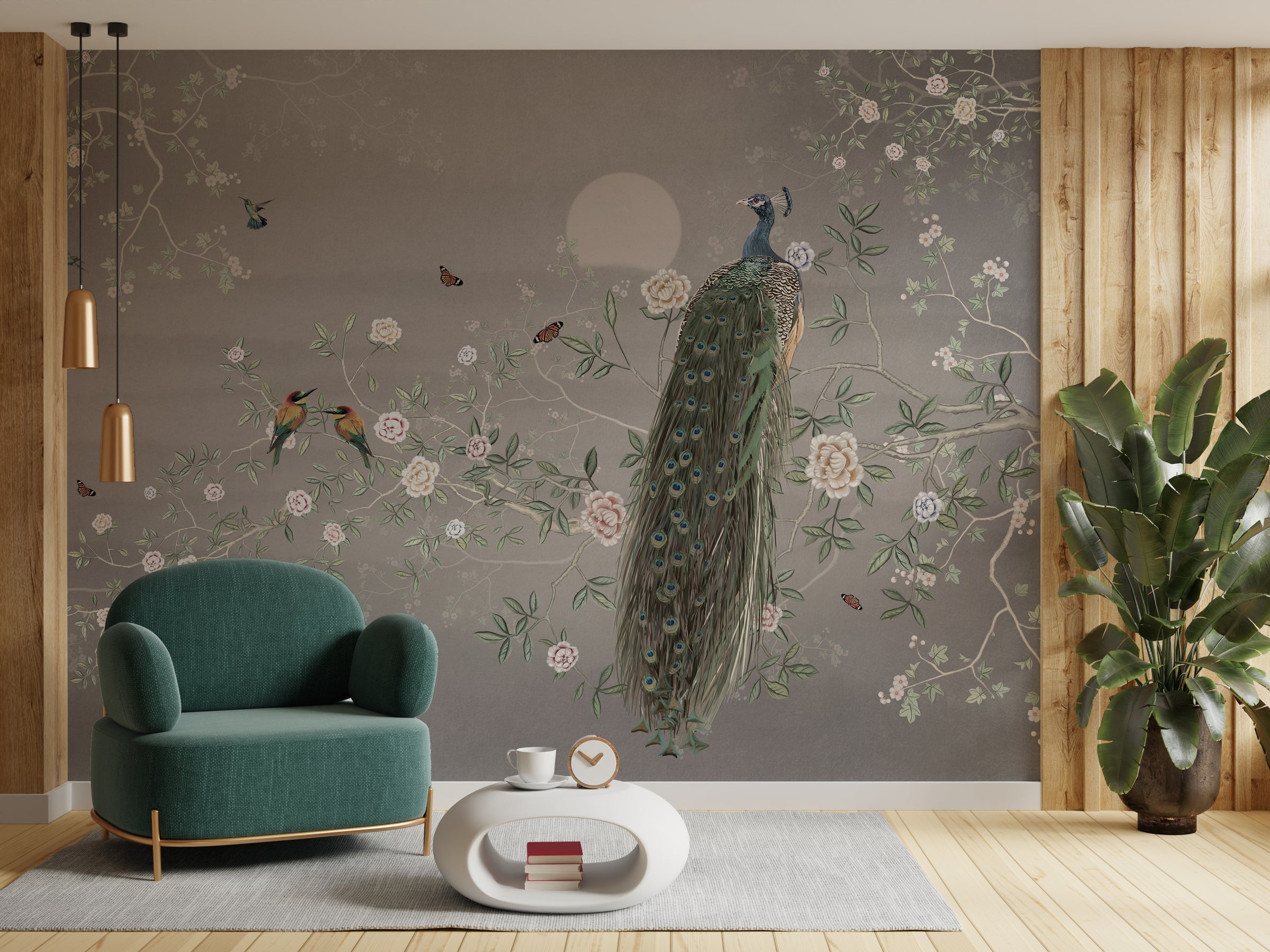 Vintage Gray Peacock Floral Removable Wallpaper