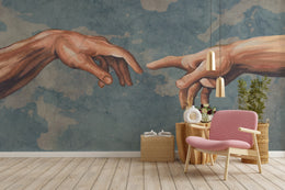 Creation of Adam hands wallpaper with muted blue texture, enhancing modern living room elegance