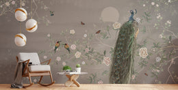 Vintage Gray Peacock Floral Removable Wallpaper