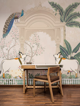 Vintage Indian peacock mural with florals and greenery in muted tones for office decor