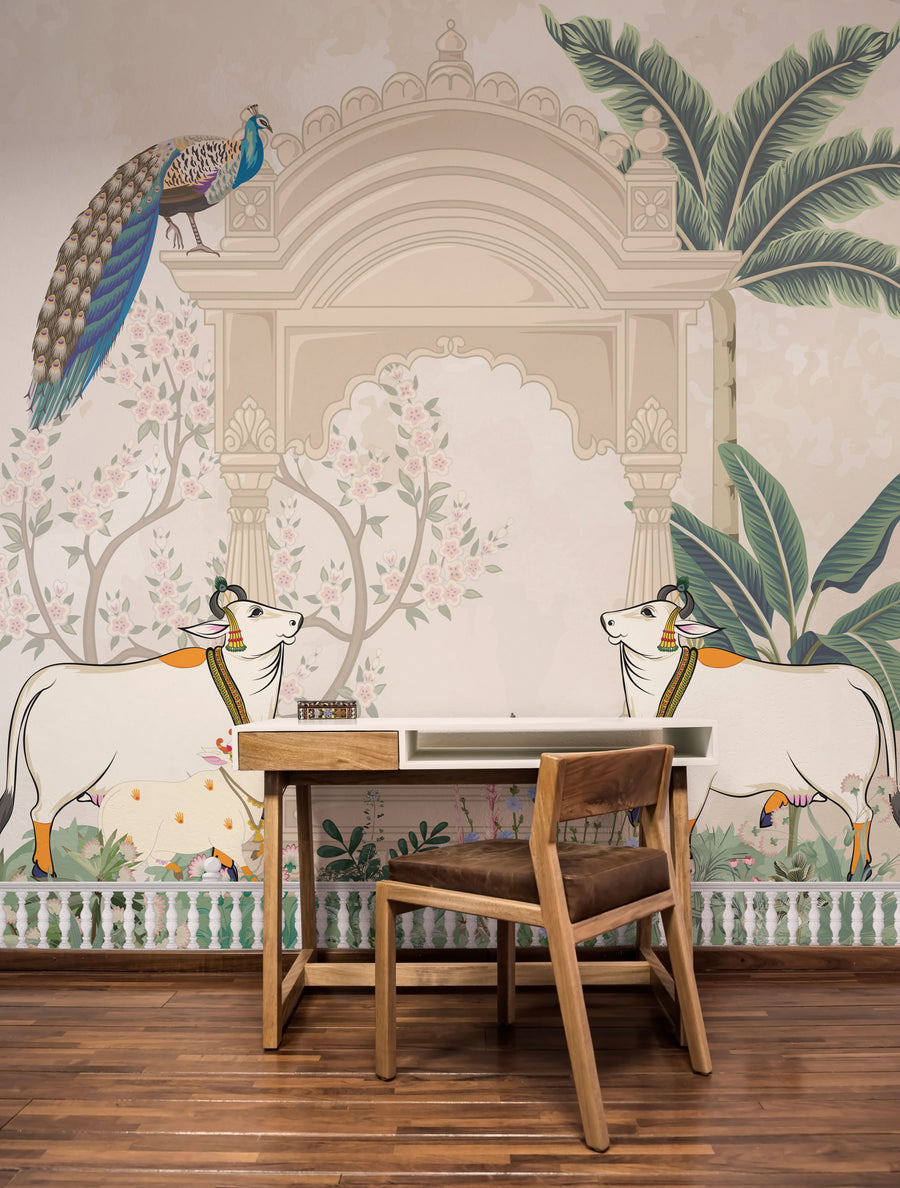 Beige Indian Peacock Mughal Arch Wallpaper Living Room Self Adhesive Mural