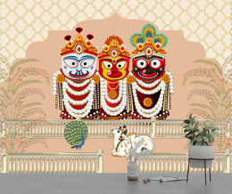 Colorful Jagannath wall design with intricate crowns, warm tones, spiritual home temple decor
