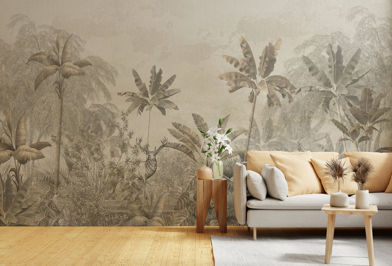 Exotic rainforest wall design featuring lush botanical elements that add depth and a bold natural statement to the living room space.