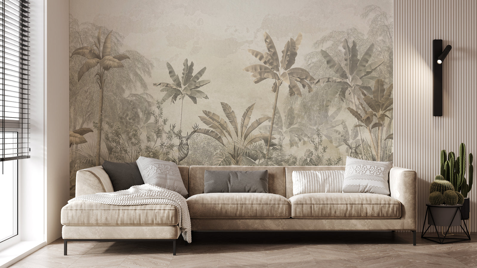 Lush rainforest wall mural with vibrant botanical layers adding an adventurous and lively feel to a guest area.