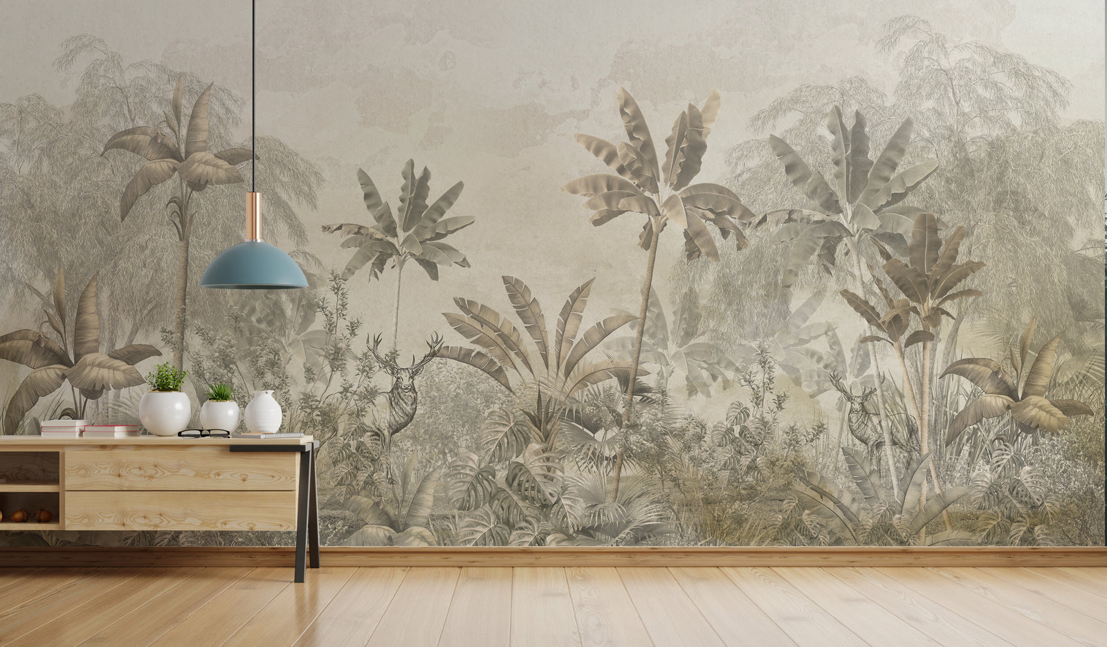 Vibrant jungle-inspired mural with rich greenery bringing an organic and inviting touch to the dining area interior.