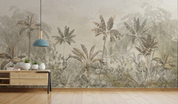 Vibrant jungle-inspired mural with rich greenery bringing an organic and inviting touch to the dining area interior.