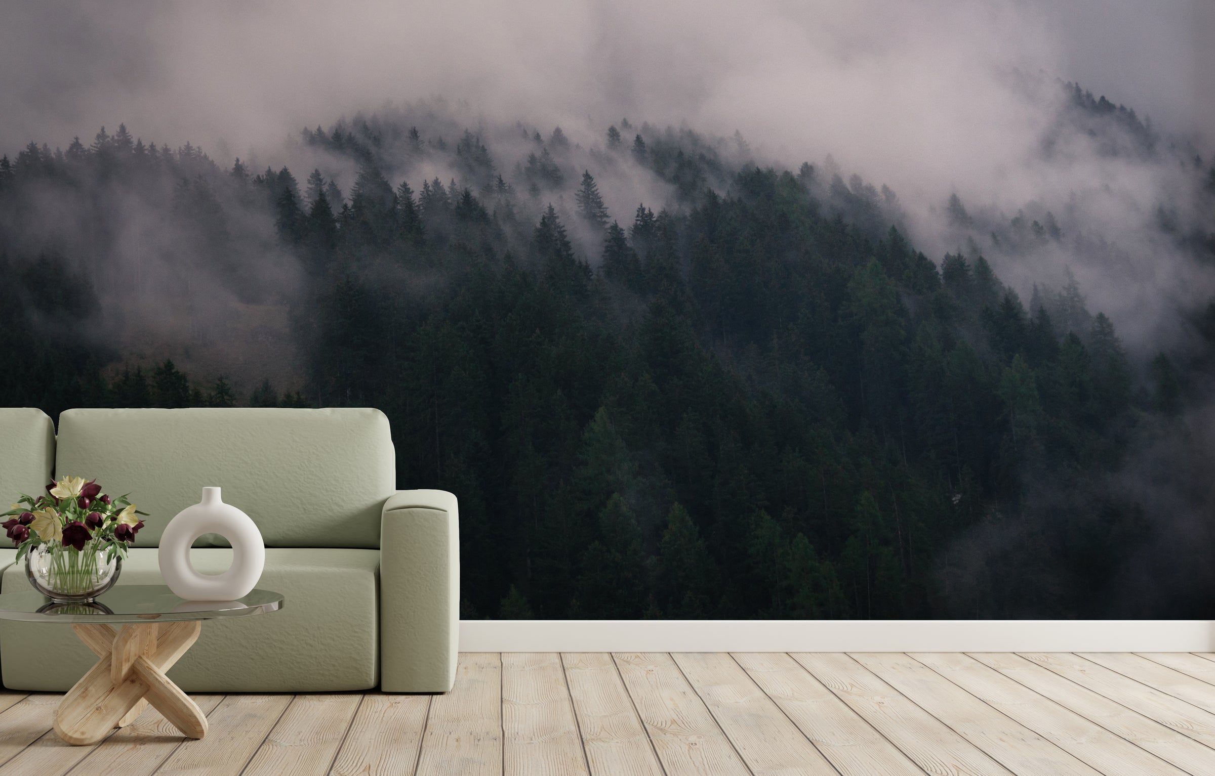 Foggy Lush Forest Peel and Stick Wallpaper for Yoga