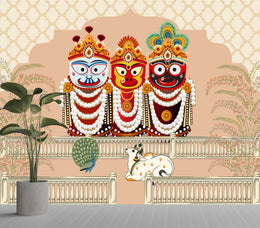 Bold Indian mythological mural showing Jagannath trio, vibrant colors, modern living space decor