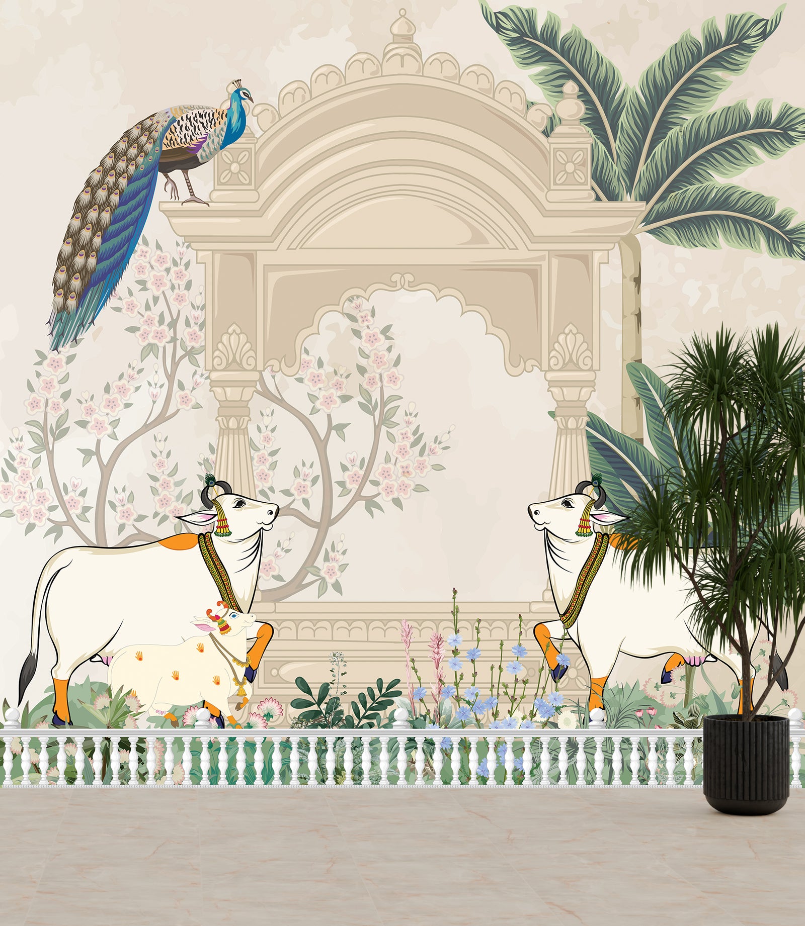 Traditional Mughal peacock wallpaper with floral trees and pastel shades for hallway decor