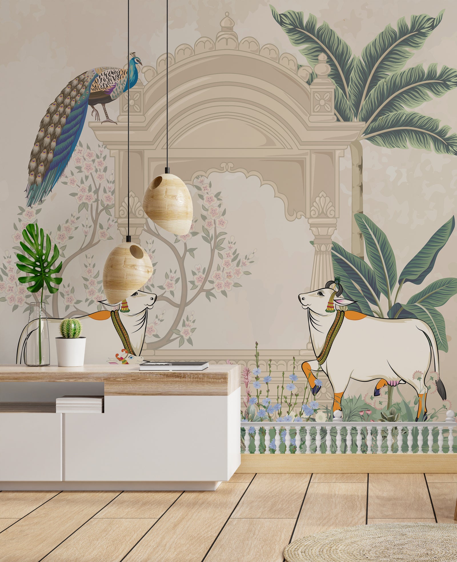 Decorative Mughal arch wallpaper with peacock and blossoms for meditation room interior design