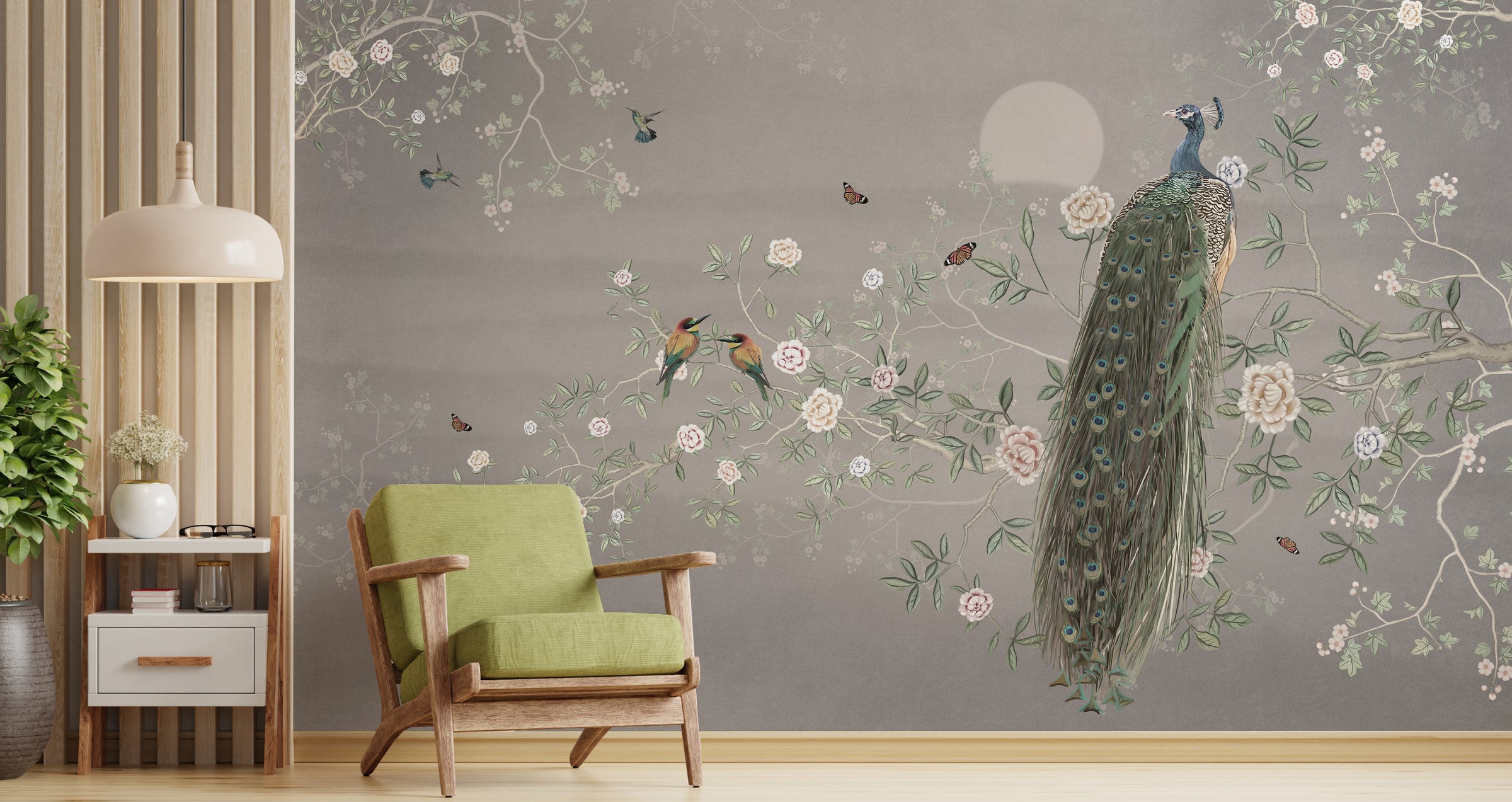 Vintage Gray Peacock Floral Removable Wallpaper