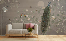 Vintage Gray Peacock Floral Removable Wallpaper