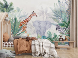 Kids Animal Wallpaper | Watercolor Jungle Peel and Stick Wall Mural image 0
