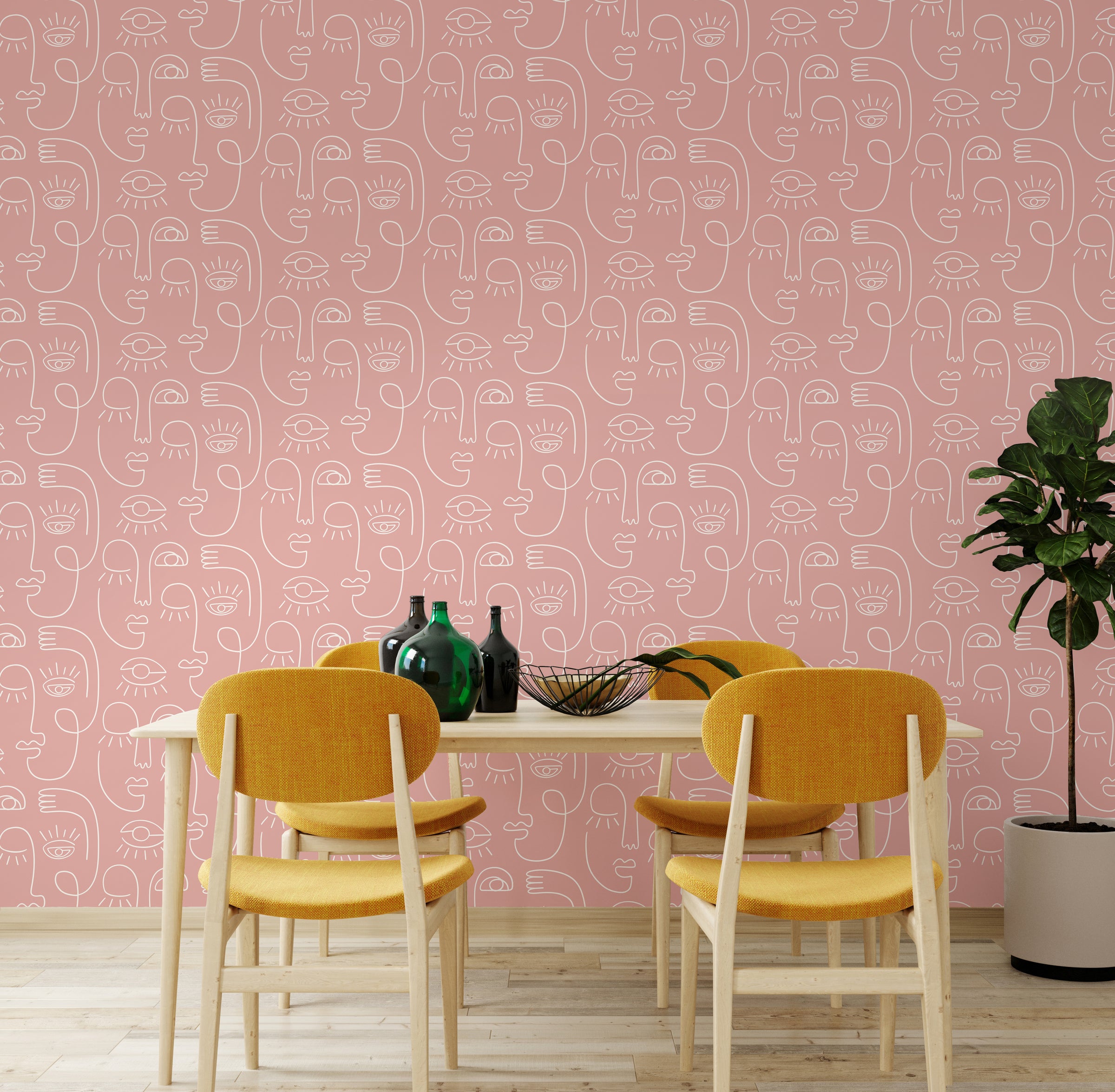 Elegant family dining space showcasing refined minimal portrait illustration wall design bringing creativity and sophisticated decorative appeal.