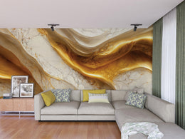 Abstract gold wave marble wallpaper creating bold living room statement wall design