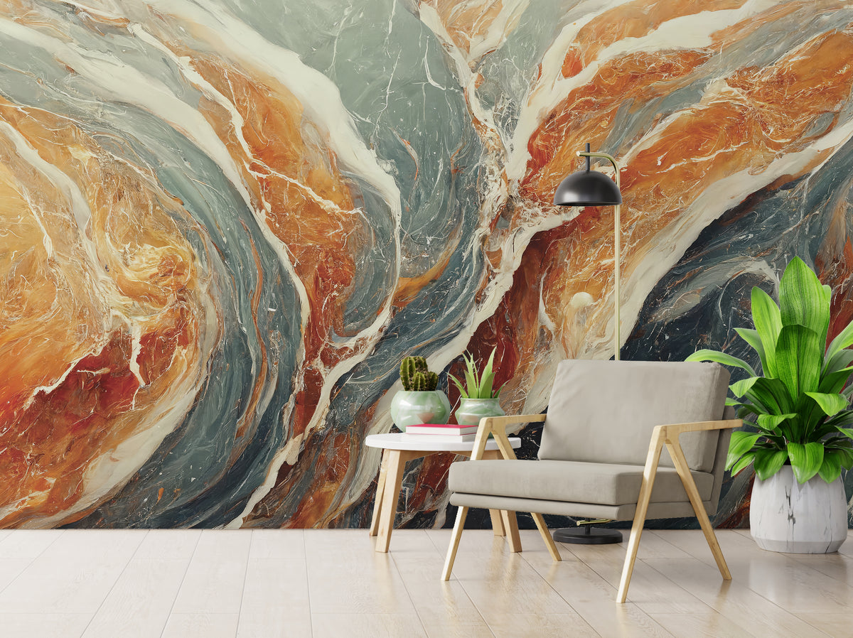 Abstract Marble Wallpaper | Orange Cream Blue Fluid Stone Wall Mural | Luxury Interior Accent
