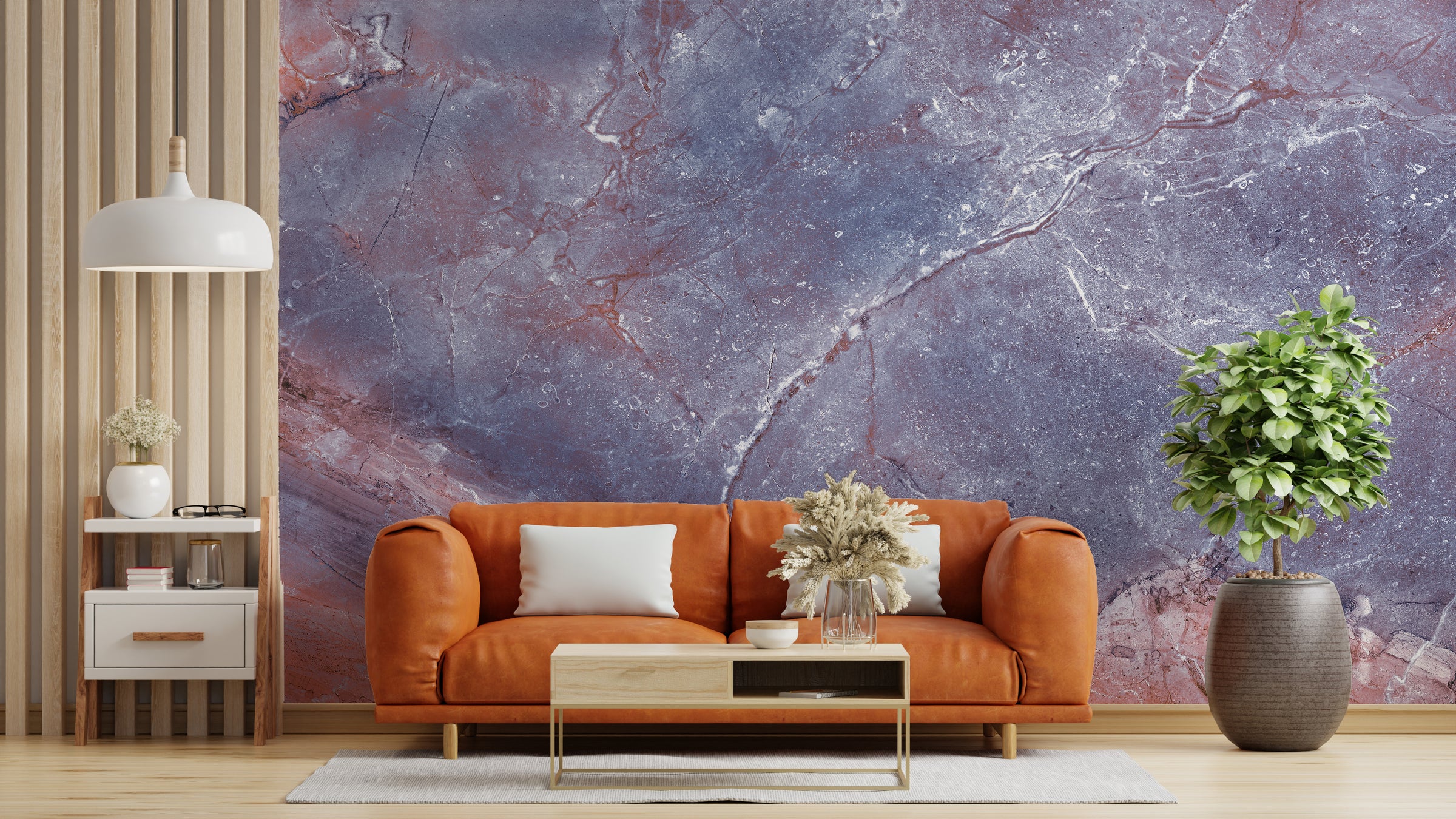 Living room accent wall wallpaper featuring blue purple marble stone texture design