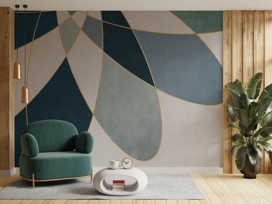 Blue Gold Geometric Wall Mural | Abstract Peel and Stick Wallpaper