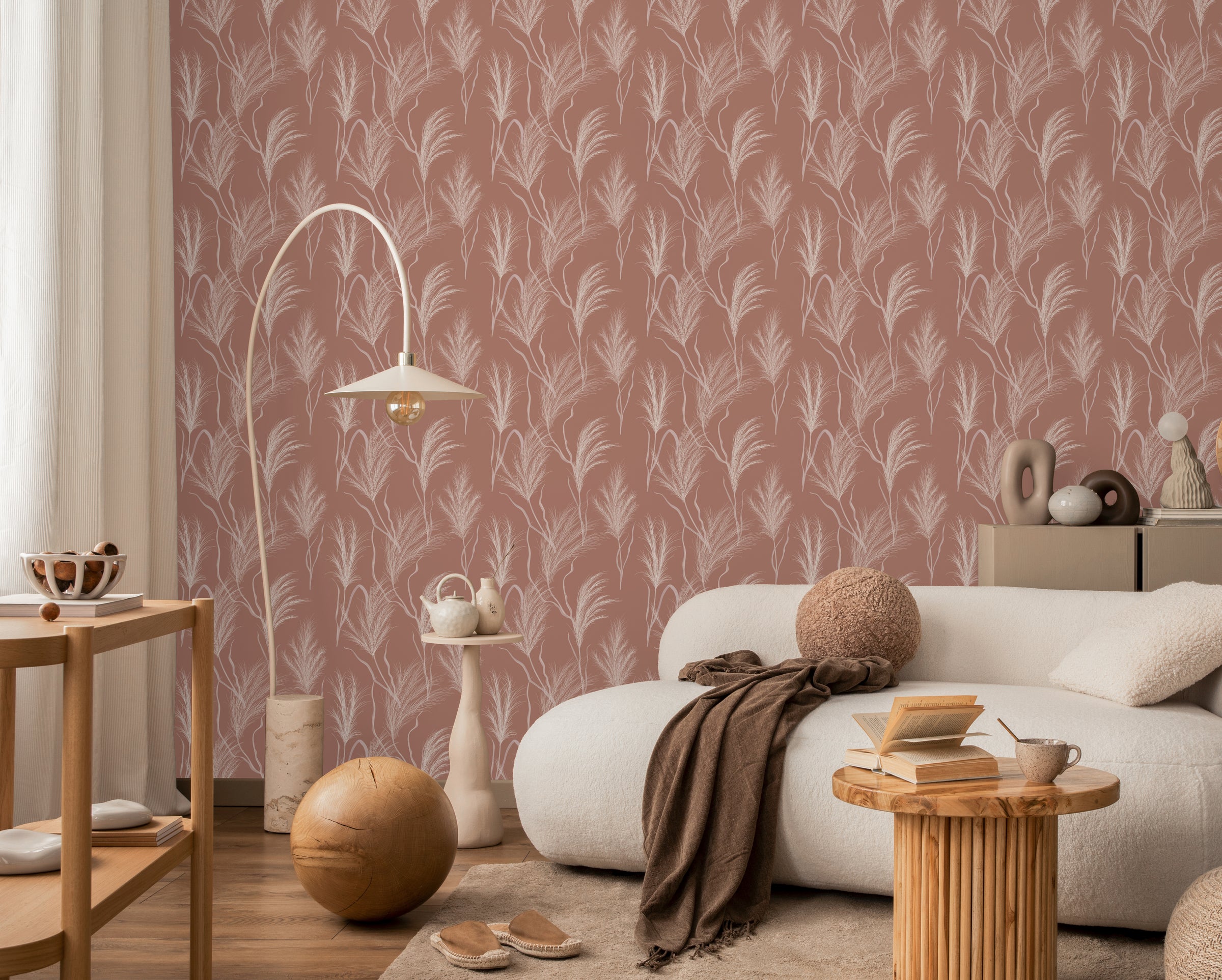 Boho Feather Grass Pink Peel and Stick Wallpaper