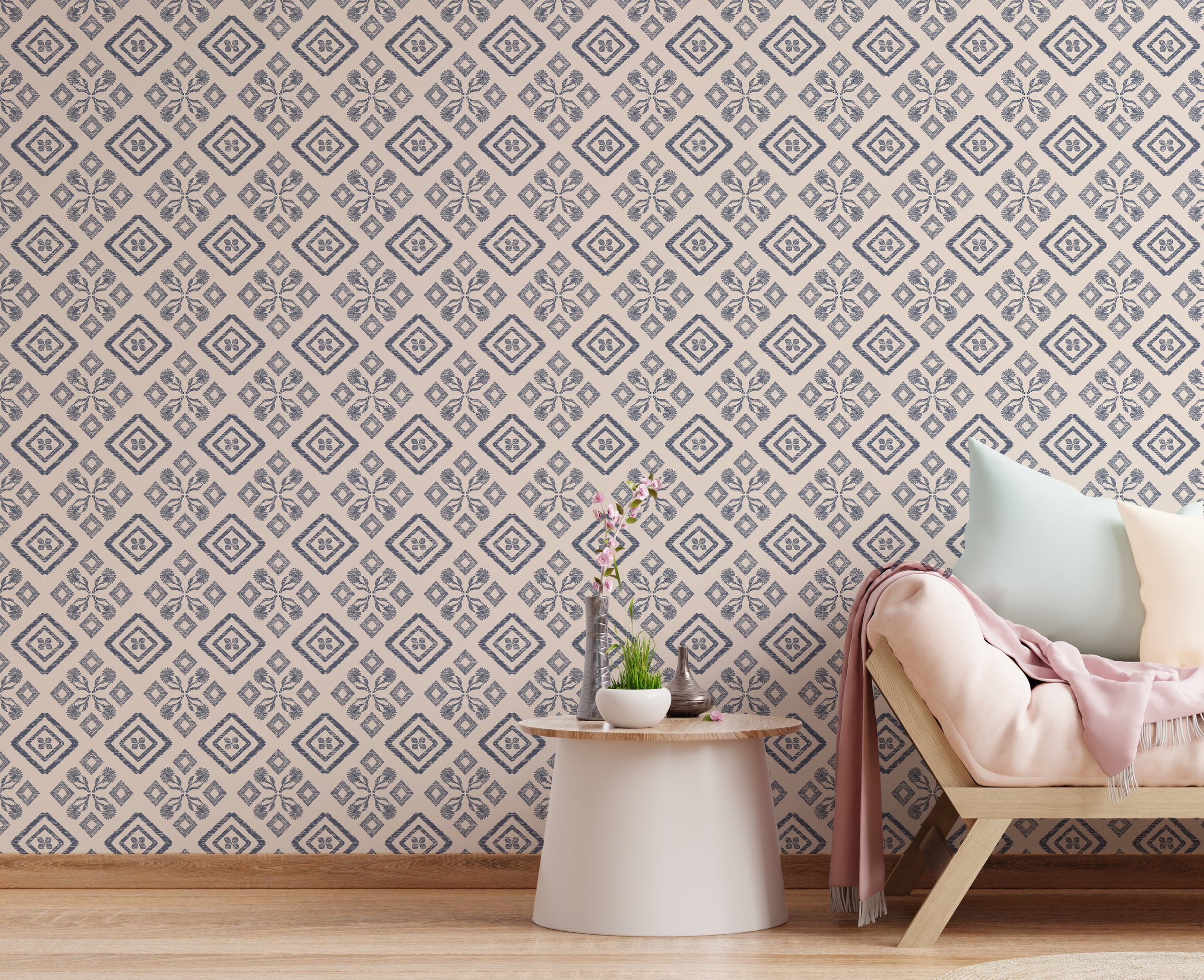 Modern Moroccan style geometric wall design in blue grey peel and stick decor