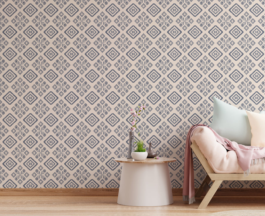Moroccan Geometric Wallpaper | Blue Grey Modern Self Adhesive Home Decor