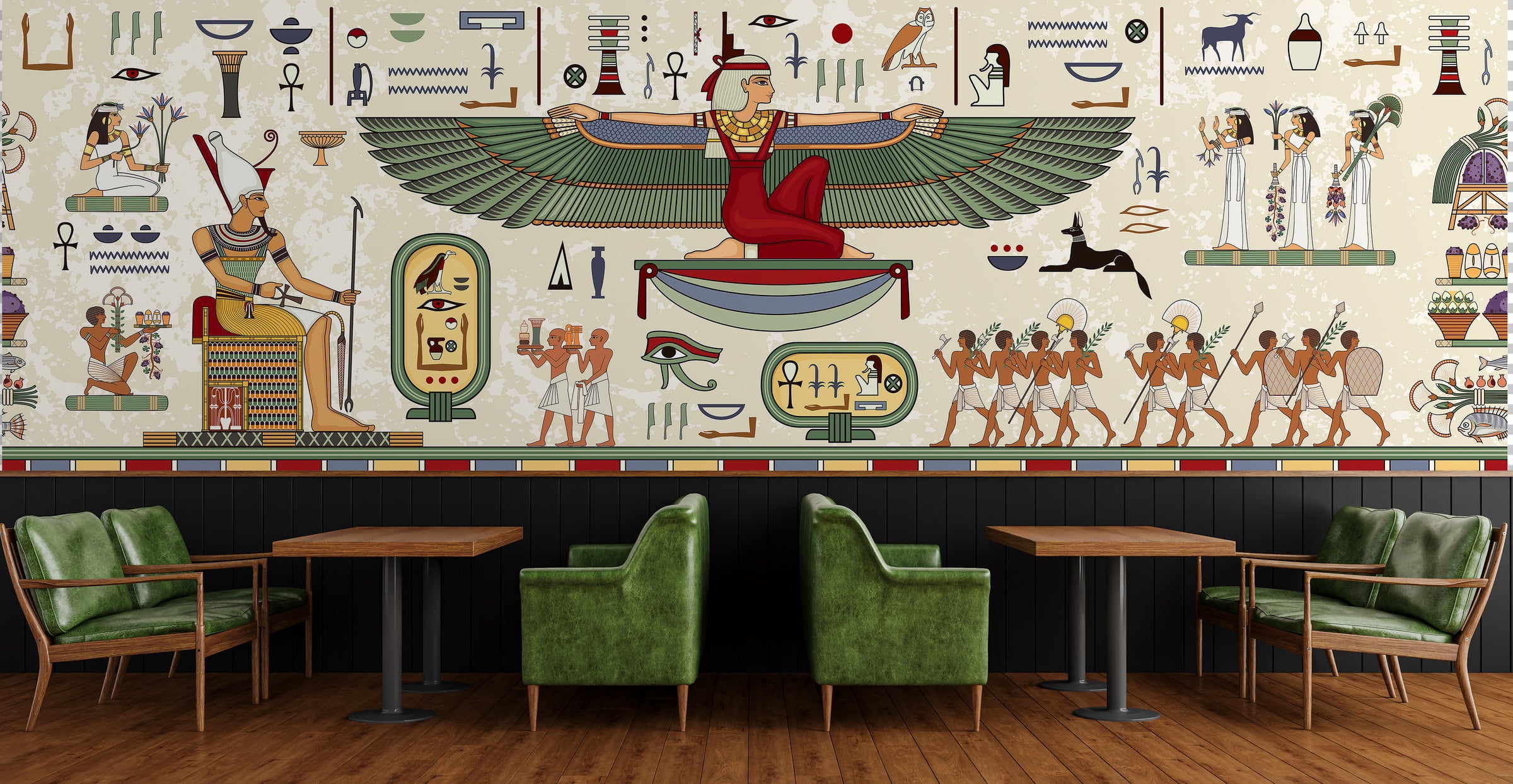 Ancient Egypt wallpaper design with pharaoh scenes and winged goddess, bold cafe statement wall