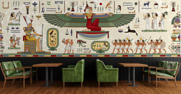 Ancient Egypt wallpaper design with pharaoh scenes and winged goddess, bold cafe statement wall