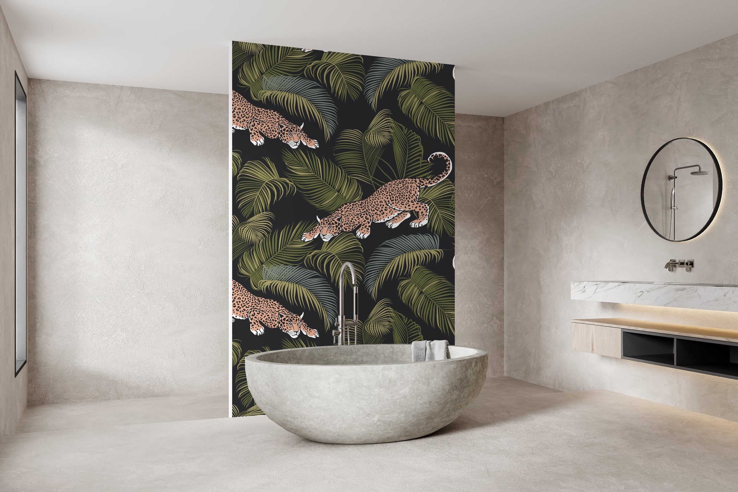 Stylish jungle leopard pattern enhancing bold bathroom interior with rich natural elements