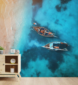 Modern lounge interior featuring stylish coastal beach ocean boat wall mural adding texture depth and artistic character