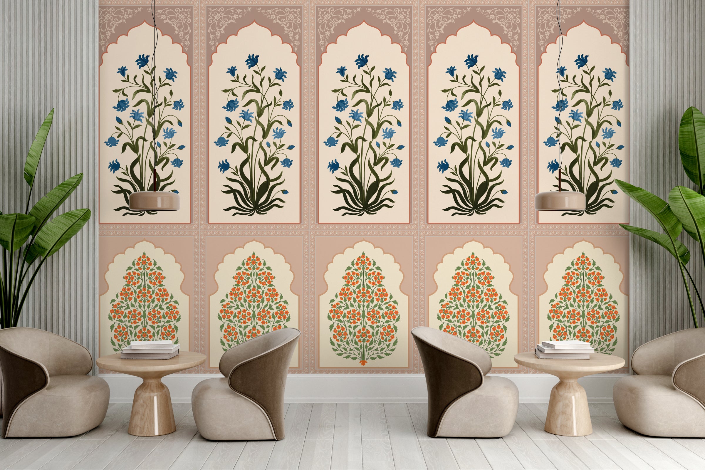 Minimal workspace design showcasing Indian floral arch mural with elegant vines in neutral pastel palette