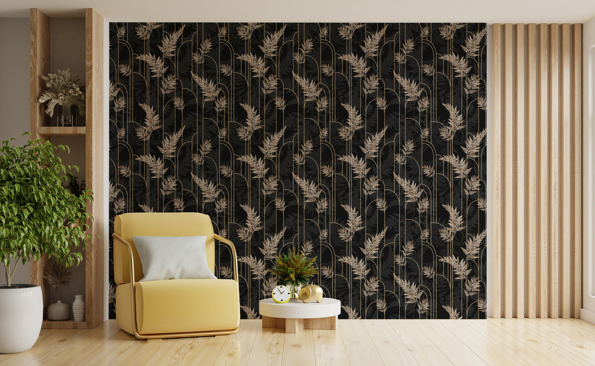 Art Deco Golden Fern Leaves Removable Wallpaper