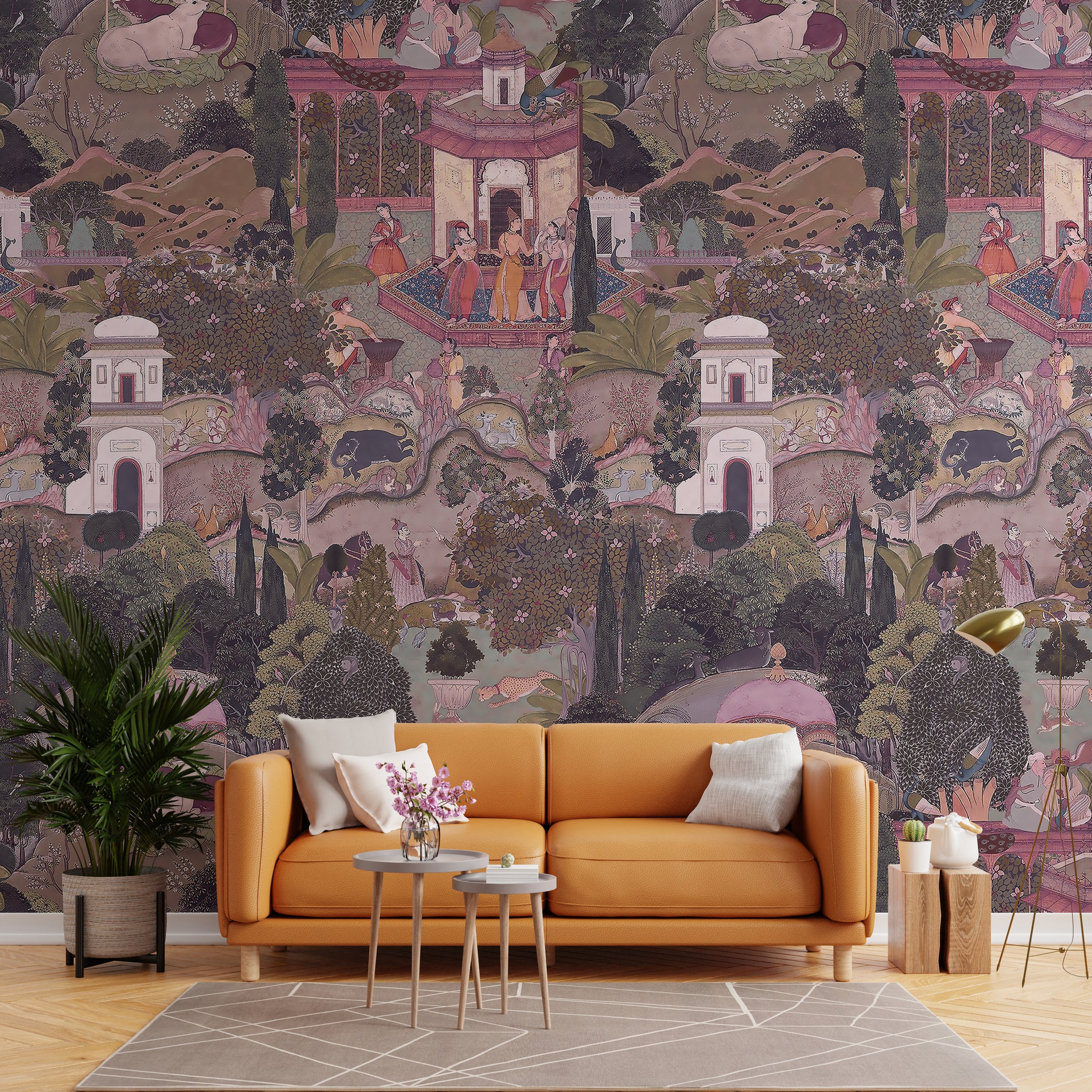 Stylish living room accent wall wallpaper featuring vintage royal garden palace mural, warm earthy tones