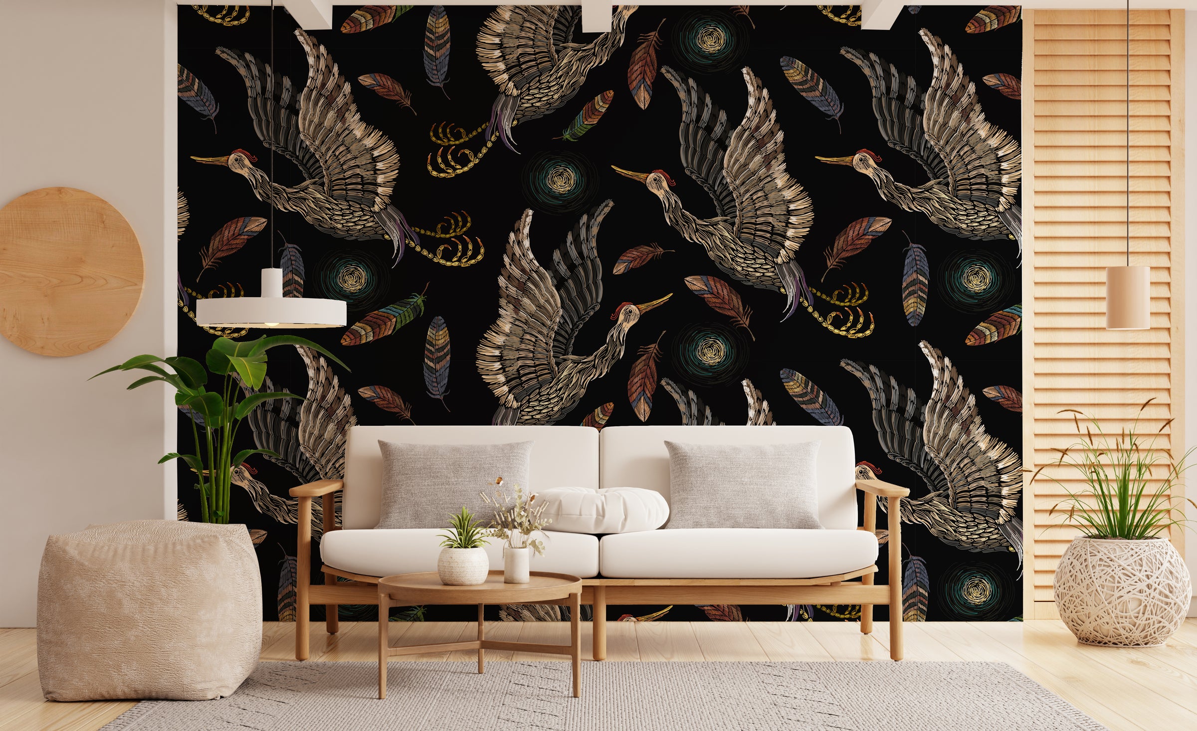 Luxury dark crane wallpaper featuring artistic birds, colorful feathers, stylish lounge wall backdrop