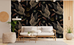 Luxury dark crane wallpaper featuring artistic birds, colorful feathers, stylish lounge wall backdrop
