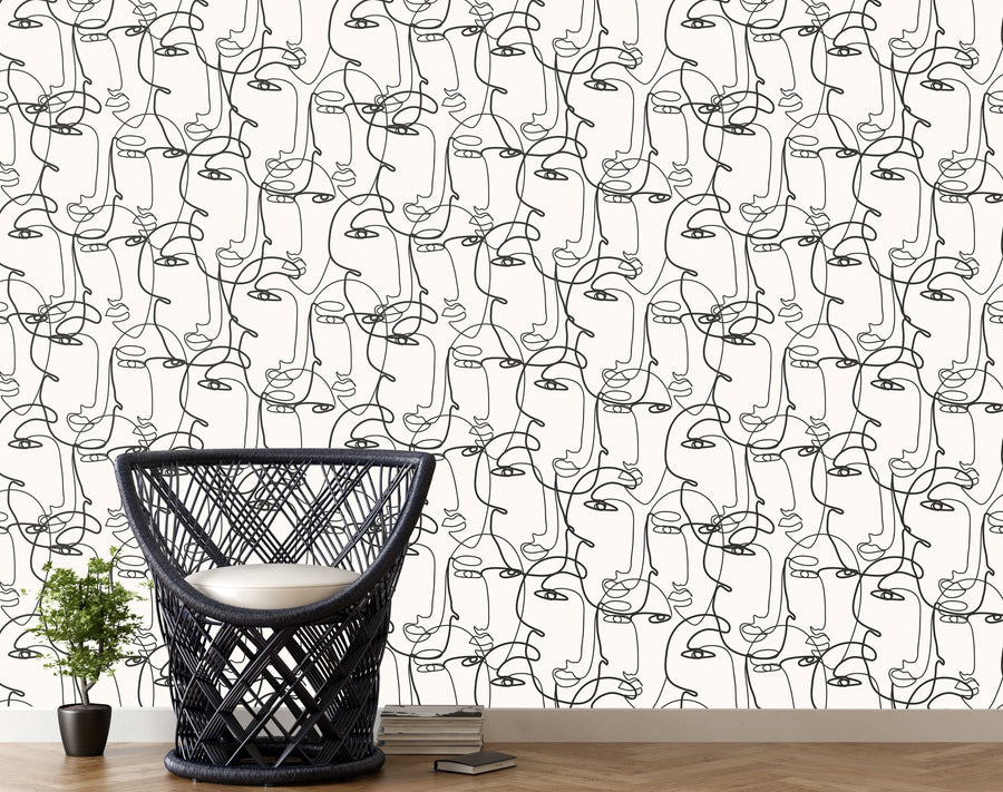 Cream Modern Continuous Face Line Art Boho Wallpaper Minimalist Home Wall Decor