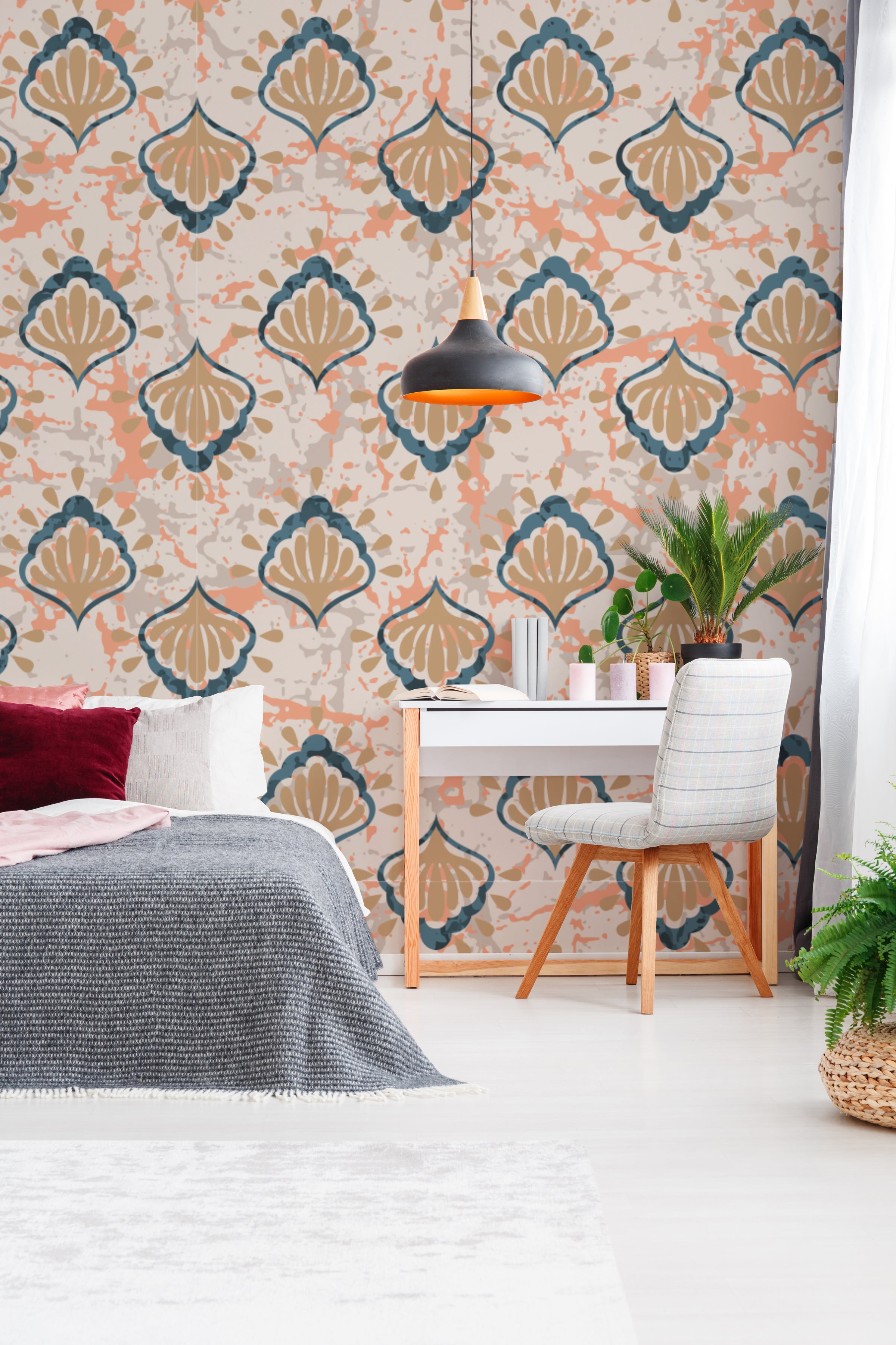 Cozy bedroom wall decor showcasing removable Moroccan tile wallpaper with geometric scallop pattern in terracotta teal tones