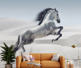 Majestic stallion wallpaper mural installed on living room accent wall creating elegant interior decor with modern design style