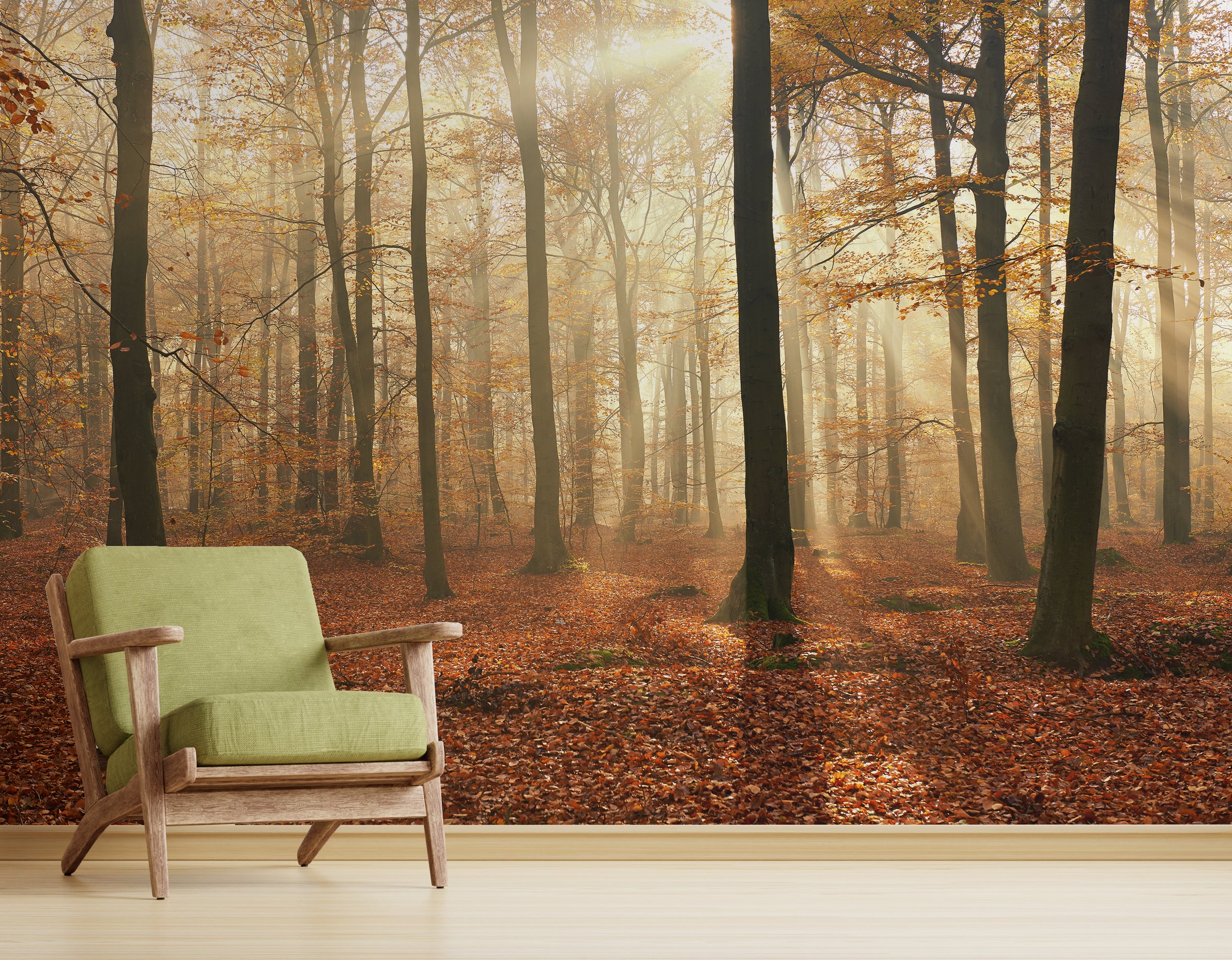 Lush rainforest-inspired wall covering adding organic texture and refreshing scenic presence to dining interiors.