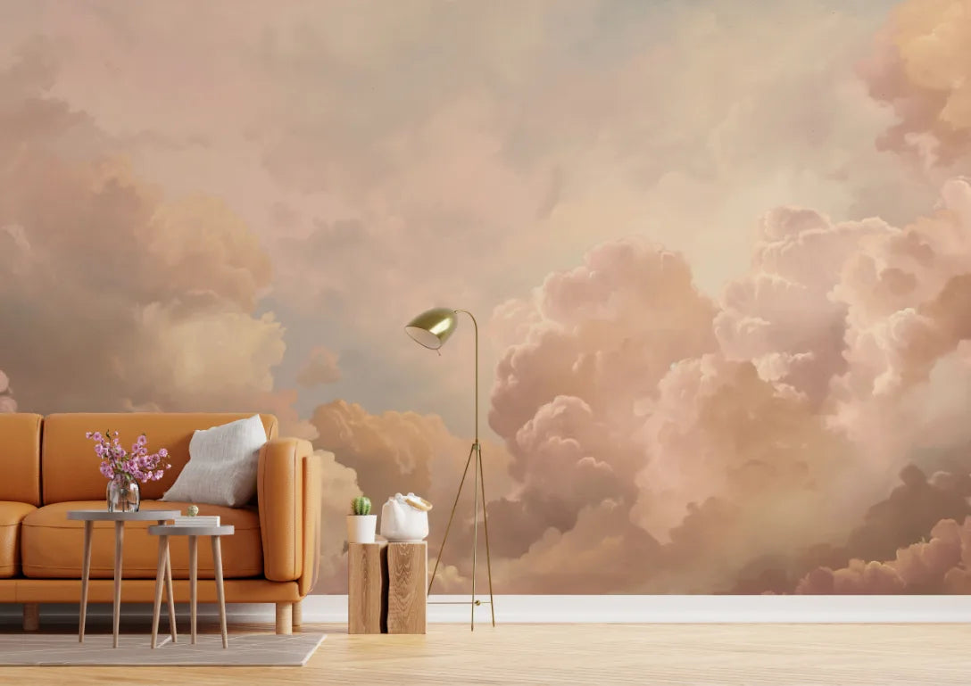 Soft Cloud Aesthetic Sky Mural| Peach Beige Color Peel and Stick Wallpaper image 3