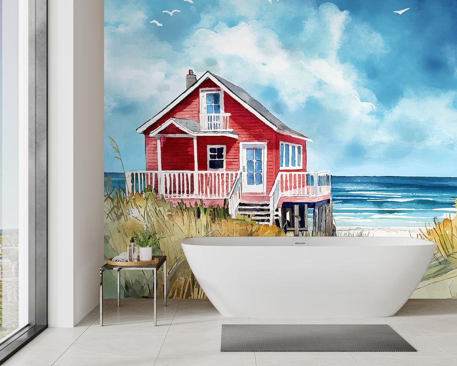 Coastal Village Watercolor Ocean Wall Mural Breezy Home Interior Self Adhesive