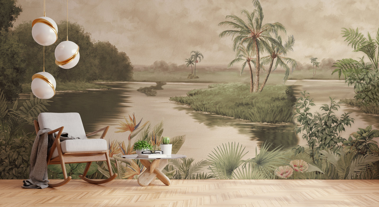 Scenic tropical river landscape backdrop adding refreshing organic elegance to stylish dining environments.