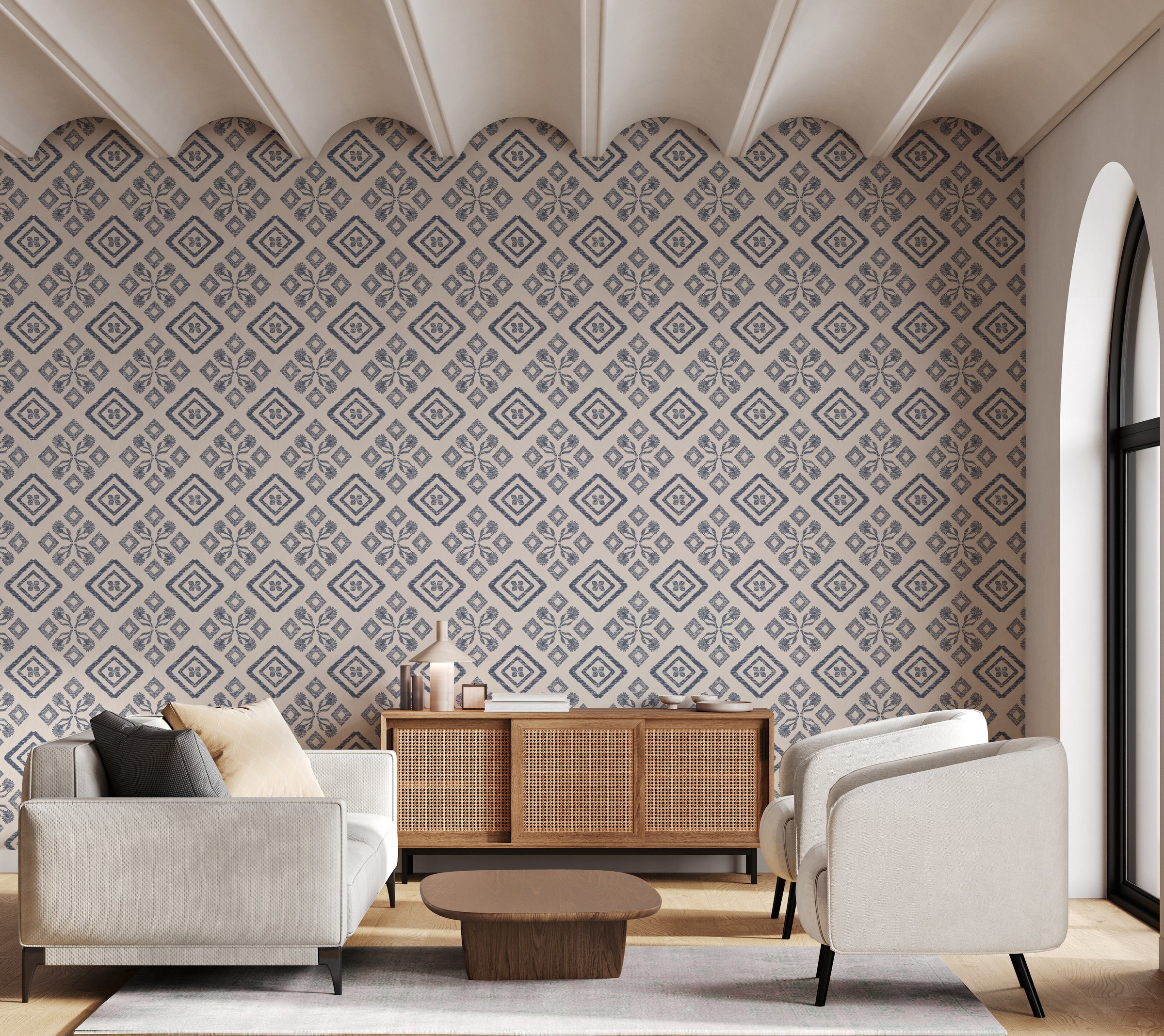 Blue grey Moroccan geometric pattern removable wall covering for modern living room