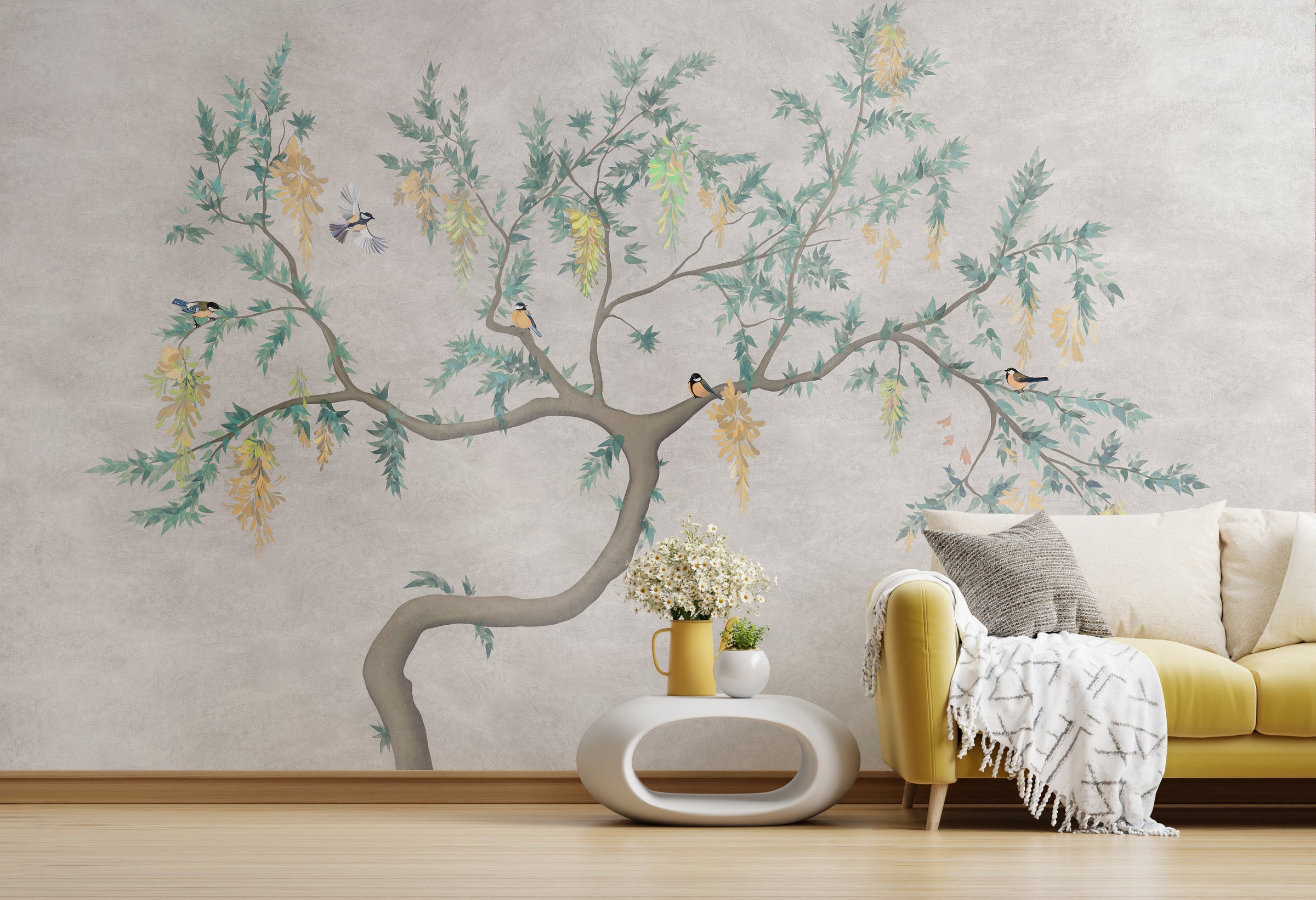 Flowering Tree Birds Japandi Wallpaper | Beige Peel-and-Stick Nature Mural