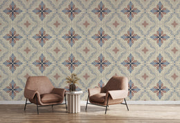Sophisticated office accent wall wallpaper with beige blue ornamental pattern, refined workspace interior
