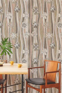 Beige wood floral wallpaper adds warm decorative touch to modern kitchen wall space