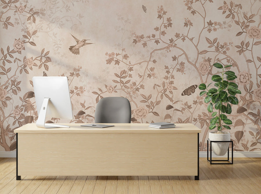 Beige Chinoiserie Wallpaper Floral Bird Soft  Peel and Stick Wall Mural
