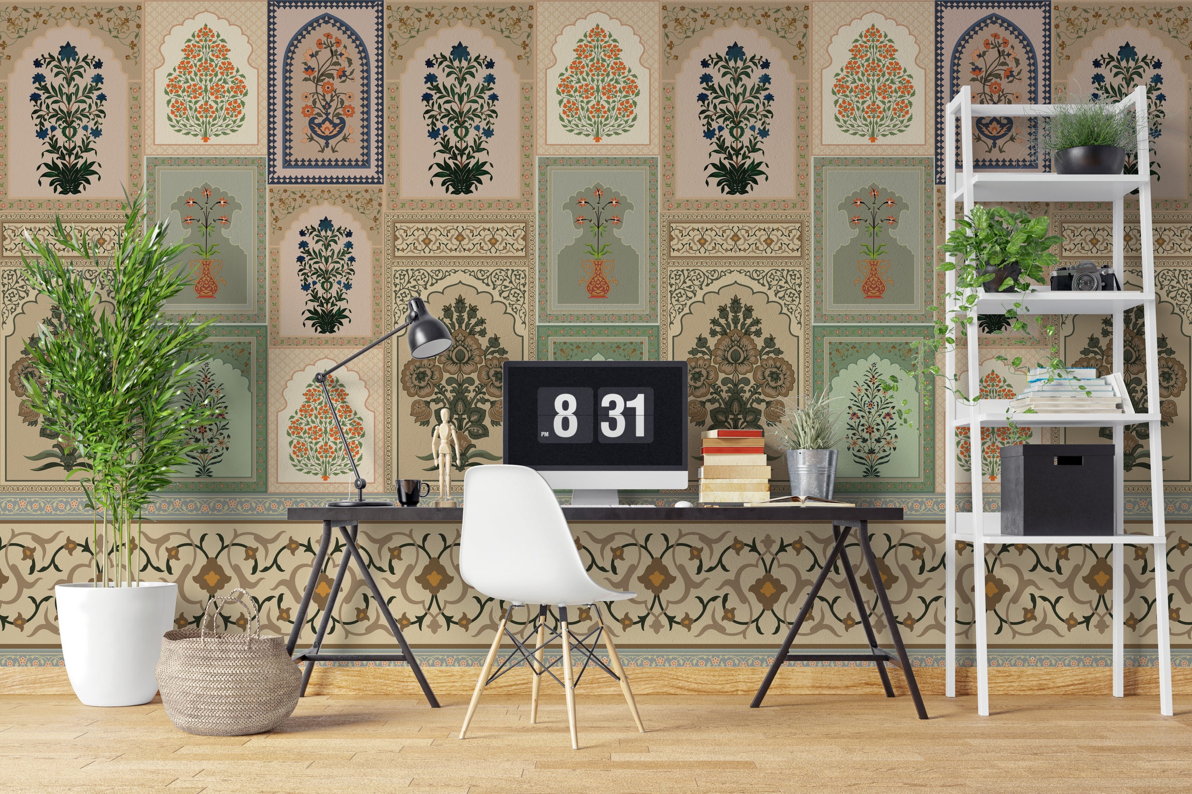 Heritage arch wall decor featuring detailed ethnic artwork in warm tones study room