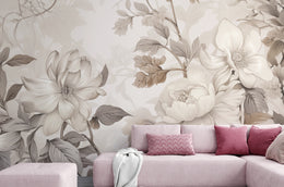 Warm neutral floral wall design welcoming guests in stylish guest bedroom interior.